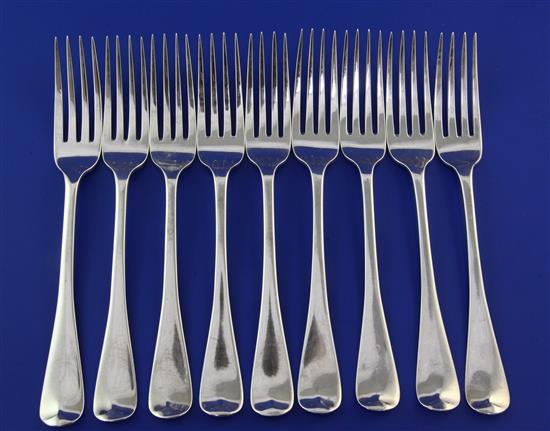 A set of nine William IV Irish silver Hanovarian pattern table forks, 18 oz.